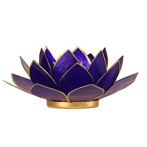 Bild von Lotus Teelichthalter indigo 6. Chakra goldfarbig - 13.5 cm
