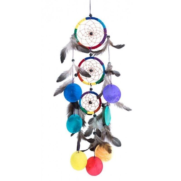 Bild von Traumfänger Mobile mit 3 TF und Capiz Muscheln regenbogen Leder 9x50cm