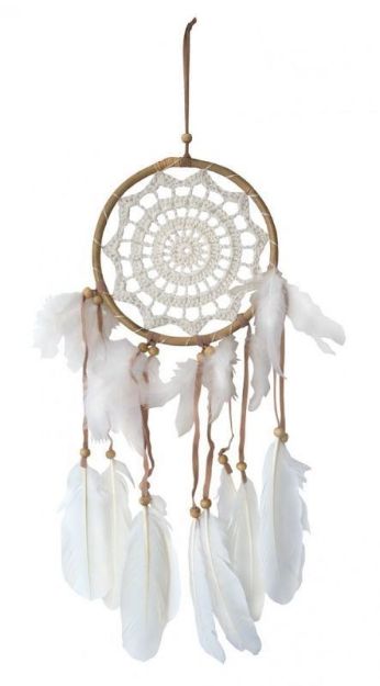 Bild von Traumfänger Rattan mit Netz gehäkelt, weiss 16cm, Gesamtlänge 17x50cm