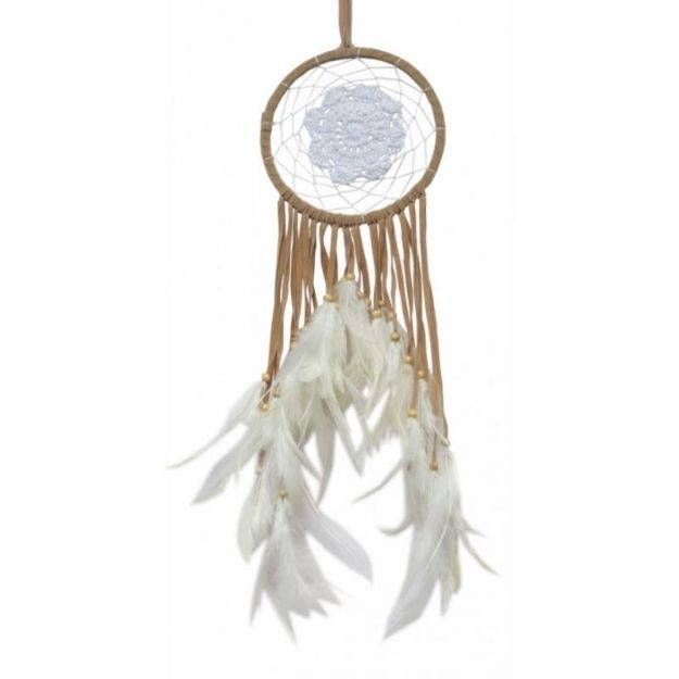 Bild von Traumfänger Engelsfeder Leder mit gehäkeltem Netz, Braun/Weiss 17x50cm