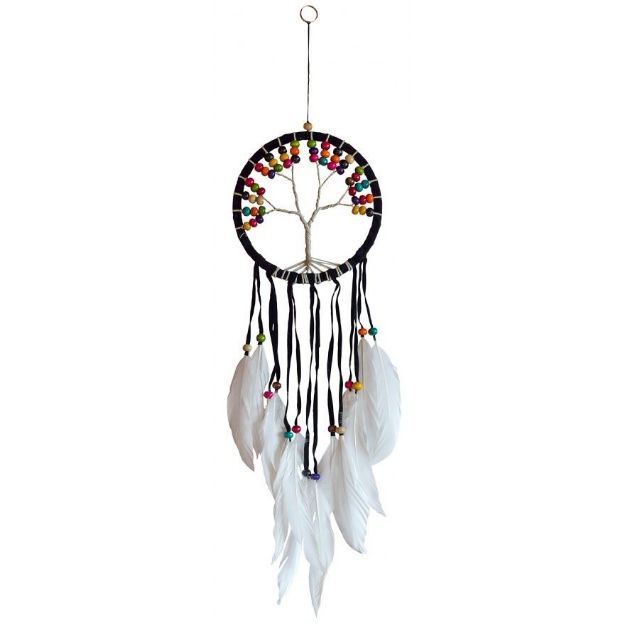 Bild von Traumfänger Tree of Life Leder braun 16cm mit farbigen Holzperlen, 16x50cmn