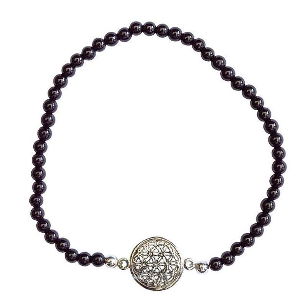 Bild von Armband Blume des Lebens 1,2cm Silber 925 mit Onyx Perlen 6cm elastisch