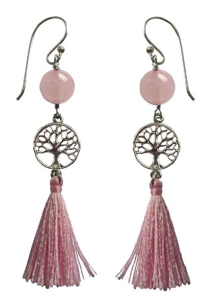 Bild von Ohrhänger Baum des Lebens 1,2cm Silber 925 mit Rosenquarz-Perle und Rosa Tassel 