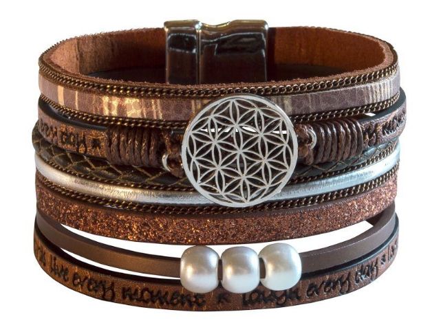 Bild von Armband Blume des Lebens Kunstleder braun, Metall silberfarben mit Magnetverschl
