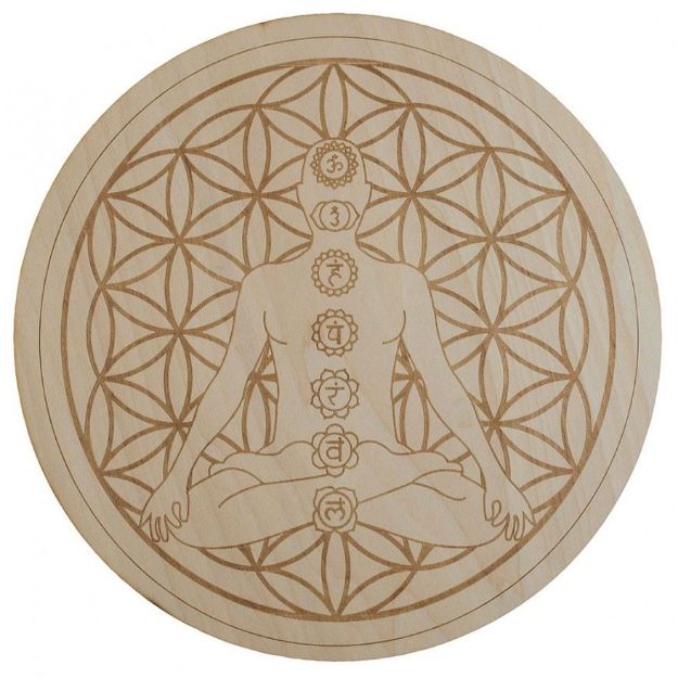 Bild von Untersetzer Blume des Lebens und Chakra Buddha Lindenholz gelasert 10cm