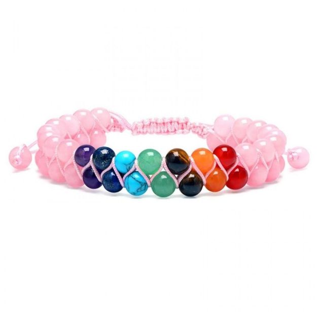 Bild von Armband Chakra Rosenquarz- und Chakra Edelsteine, Zwei Stränge aufwendig geknüpf