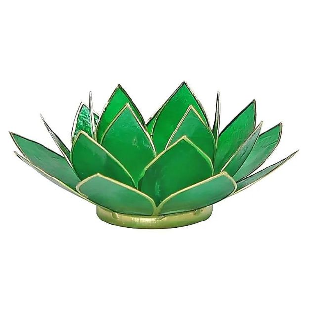 Bild von Lotus Teelichthalter grün 4. Chakra goldfarbig - 13.5 cm