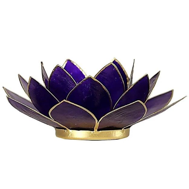 Bild von Lotus Teelichthalter violett 7. Chakra goldfarbig - 13.5 cm