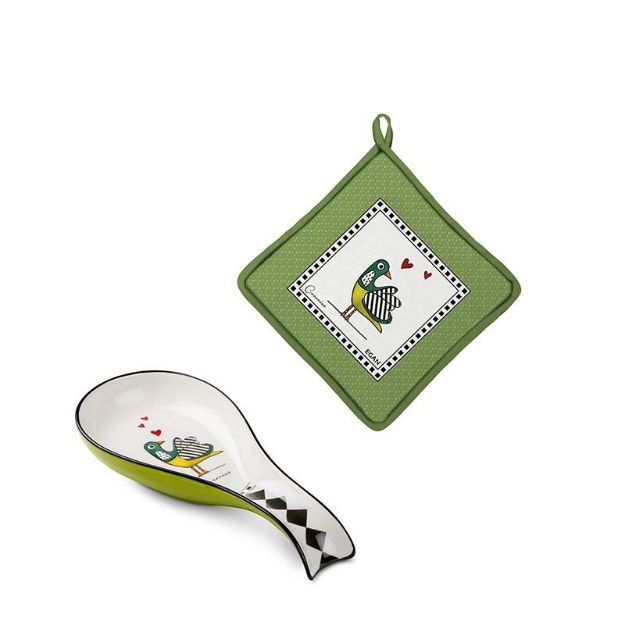 Bild von SET POT-HOLDER AND LADLE REST COCORICO' GREEN