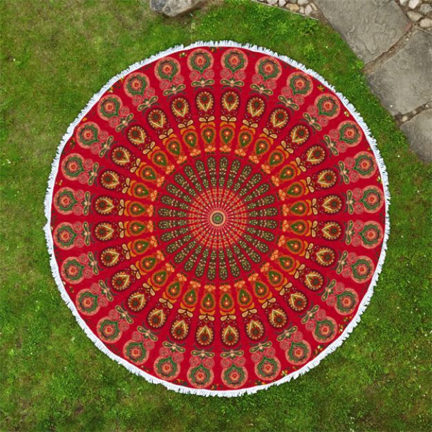 Bild von Rundes Mandala-Tuch Pfauenfeder rot