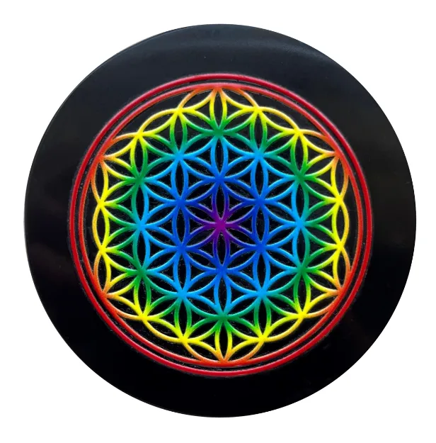 Bild von Untersetzer Blume des Lebens in Chakra Farben bedruckt, Onyx schwarz, 8cm