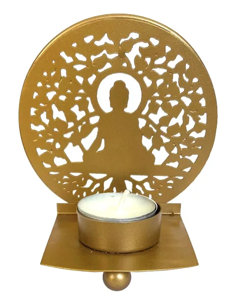 Bild von Teelichthalter Gautama Buddha (Ø10cm), Metall, goldfarben, 7x7x11cm