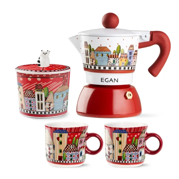 Bild von SET MOKA 2 CPS + 2 MINIMUG + SUGAR BOWL PAESE MIO RED