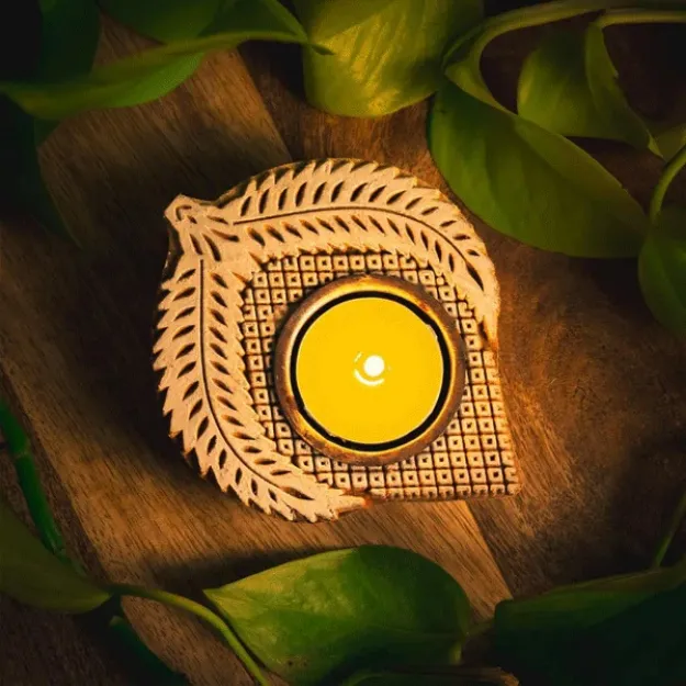 Bild von Teelichthalter Blatt Blockdruck-Stempel aus Holz