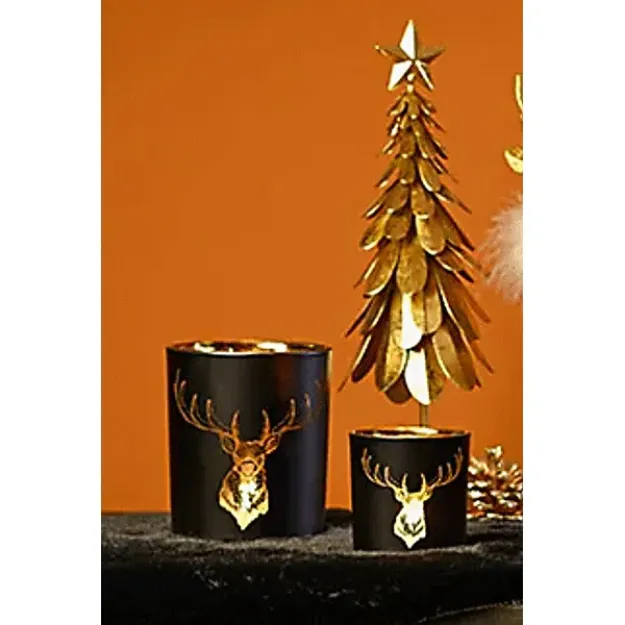 Bild von Windlicht Hirschmotiv aus Glas, Schwarz-Gold, Ø 10×12 cm