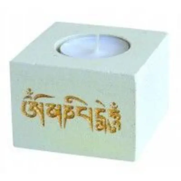 Bild von Teelicht Om Mani Padme Hum Stein graviert weiss/gold 8x8cm