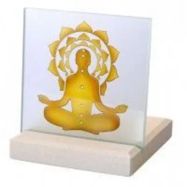 Bild von Teelicht Chakra Buddha Glas Stein graviert 10x13cm