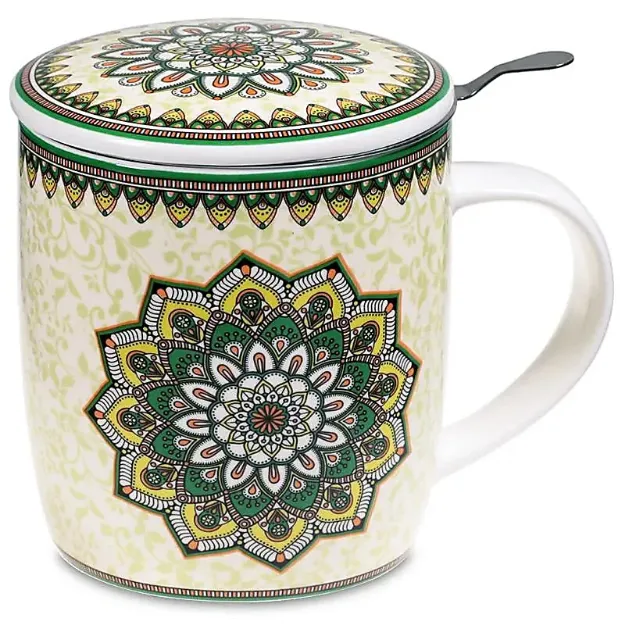 Bild von Teetasse mit Sieb und Deckel Mandala grün