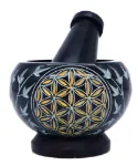 Bild von Mörser Blume des Lebens gold, Black Stone Ø9cm (innen Ø6,5cm) x7cm mit Stössel (