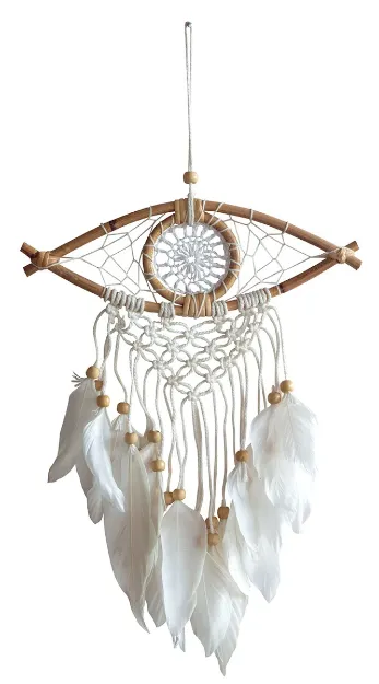 Bild von Traumfänger Allsehendes Auge (22x8cm) mit Makramee, Holzperlen und weissen Feder
