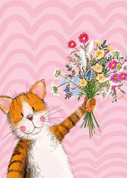 Bild von CAT AND SPRING BOUQUET BLANK CARD