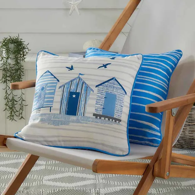 Bild von Beach Huts Outdoor Blue Cushion Cover - 43 x 43 cm - Kissenbezug OHNE Füllung