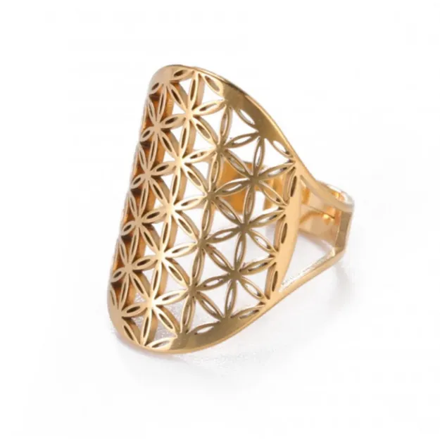 Bild von Ring Blume des Lebens Edelstahl vergoldet offen verstellbar (kleinste Größe 54)